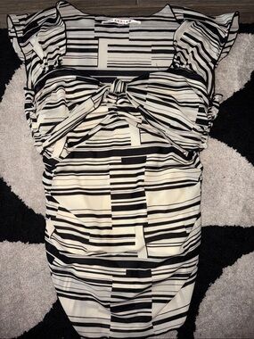 Studio M Black & Cream Striped Twist-Front Dress